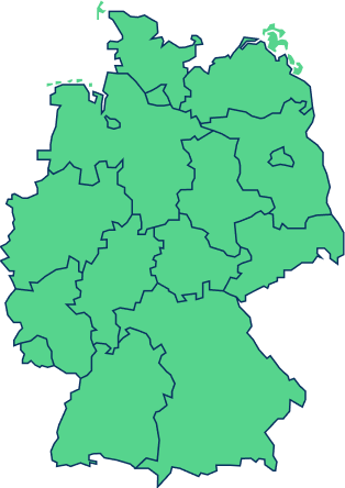 Karte Stilisierte Deutschlandkarte in mintgrün, auf der in blau die Grenzen der Bundesländer eingezeichnet sind.